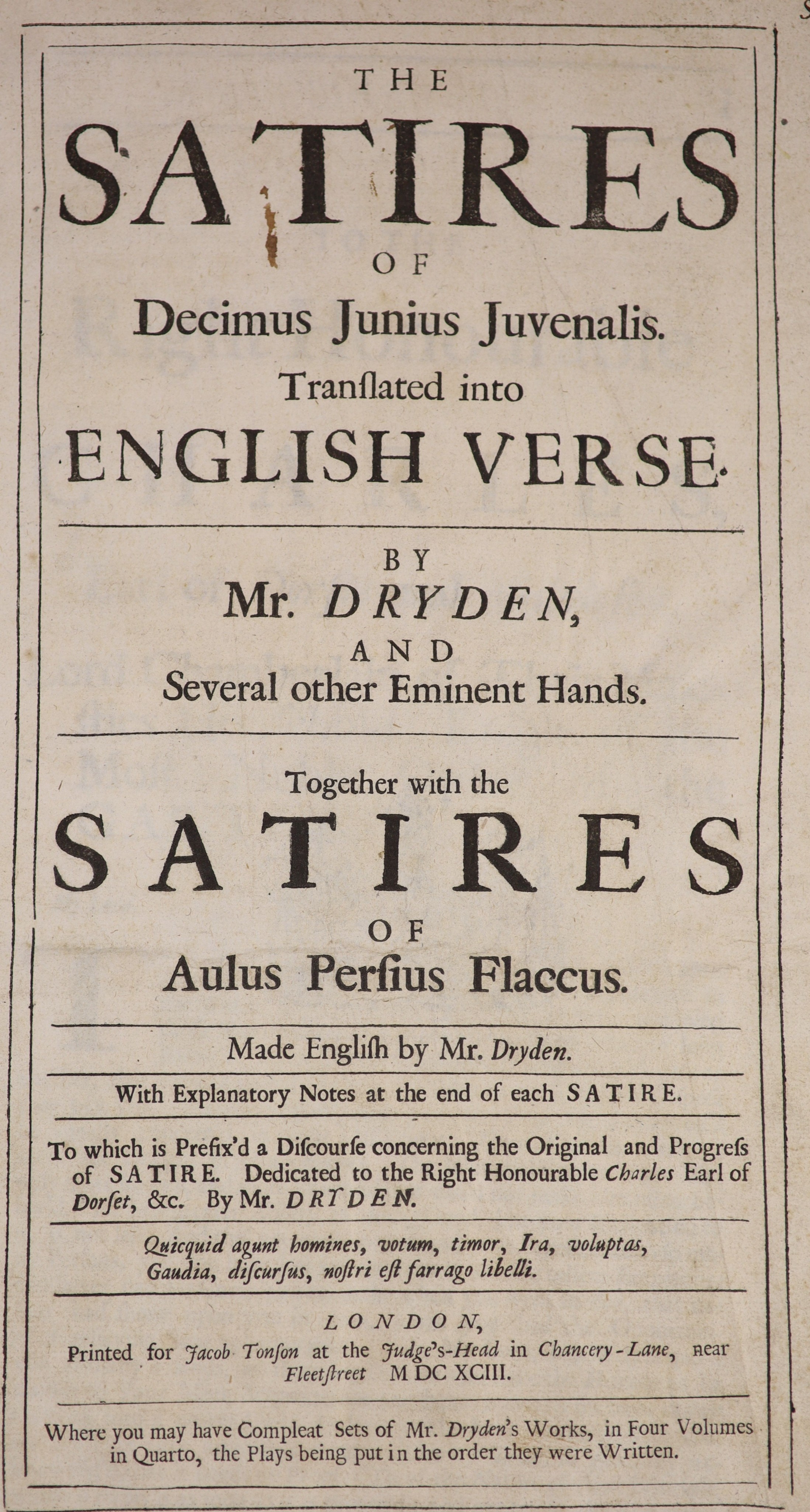 Dryden, John - The Satires of Decimus Junius Juvenalis. Translated into English Verse. By Mr Dryden ... Together with the Satires of Aulus Persius Flaccus ... contemp. panelled calf